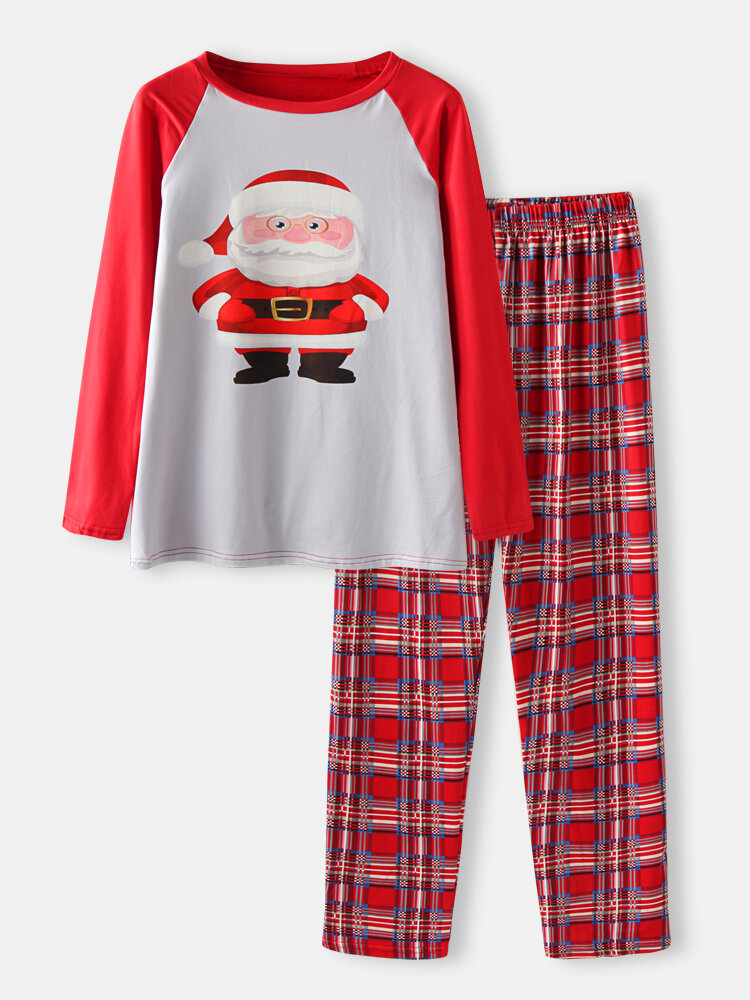 Cute Christmas Santa Claus Print Patchwork Sleeve & Plaid Pants Home Pajamas Family Set