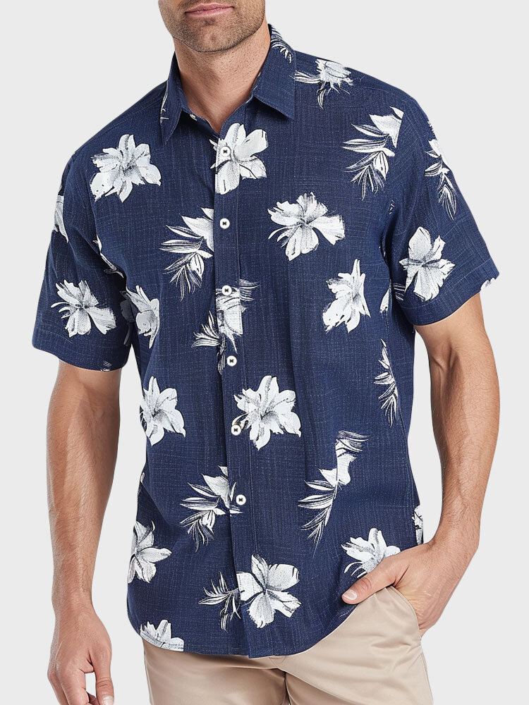 

Mens Floral Print Button Up Vacation Short Sleeve Shirts, Dark blue