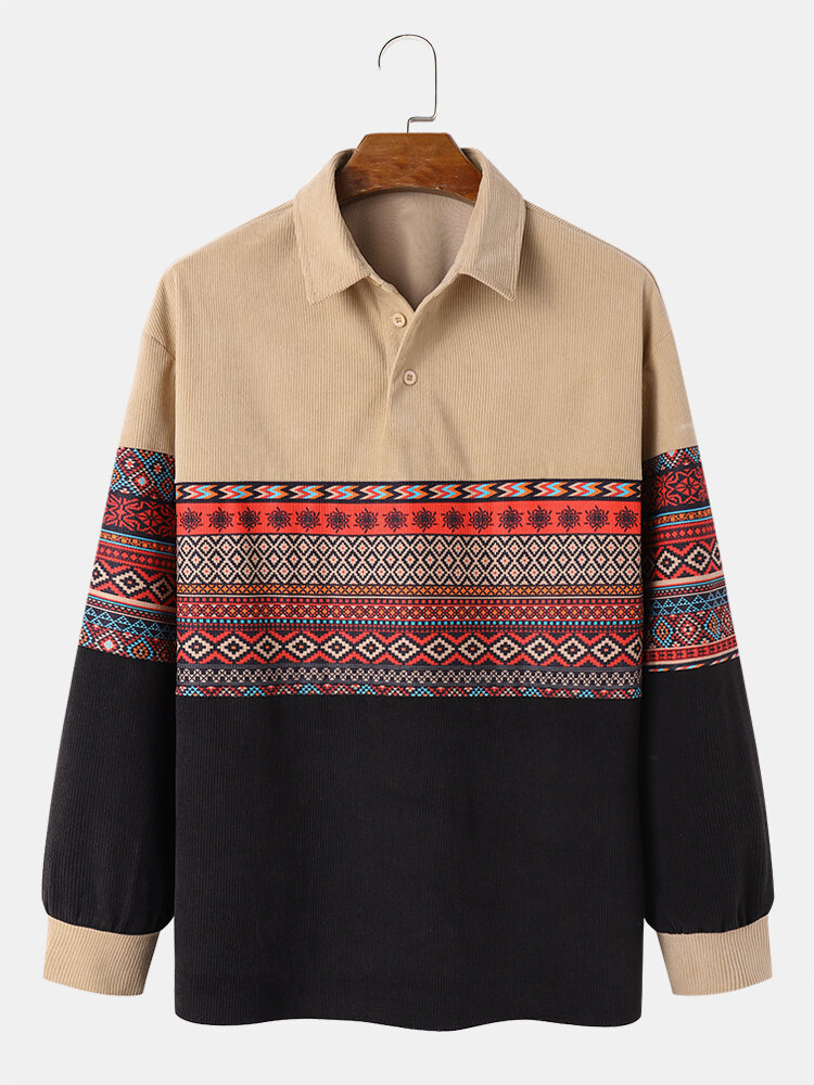 Camisas masculinas étnicas Colorful com estampa geométrica retalhos de veludo cotelê golfe