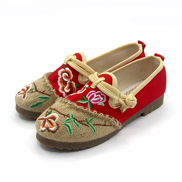 Embroidery Chineseknot Flower Color Match Slip On National Wind Flat Shoes