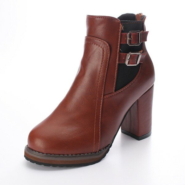 Pu Double Buckle Square Heel Zipper Ankle Boots 