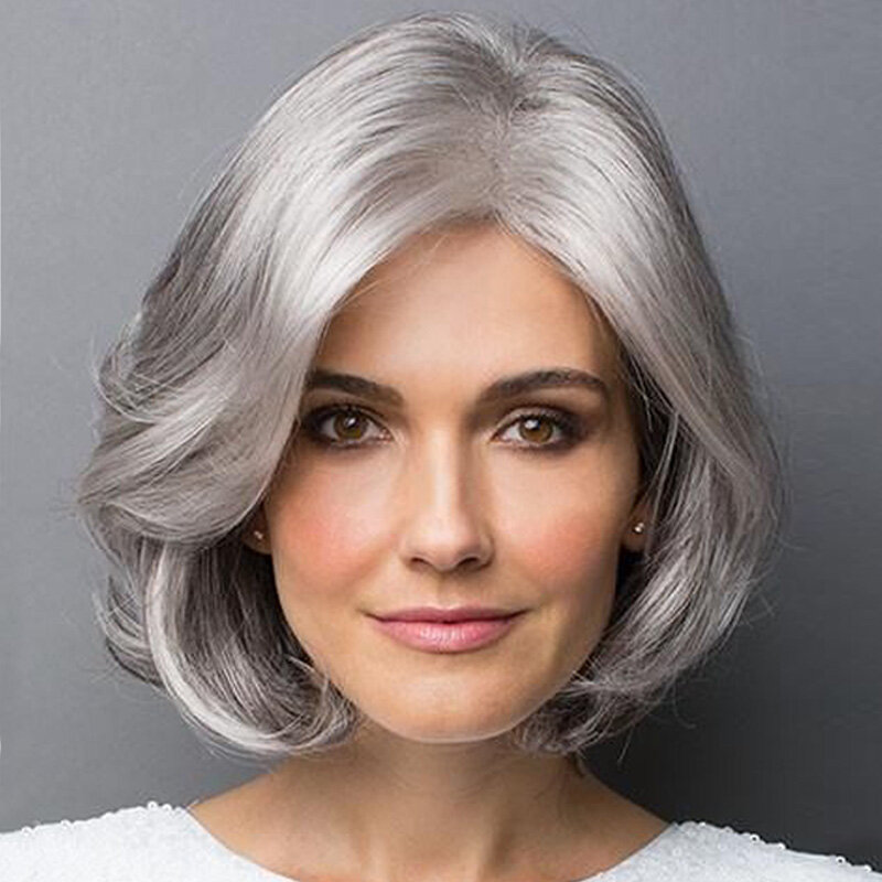 

Women Synthetic Wigs Silver Grey Short Curly Hair Pear Styling Wig Side Fringe Artificial Wigs