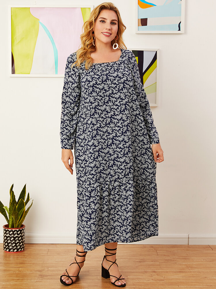 Floral Print Square Collar Milkmaid Plus Size Dress with Pockets