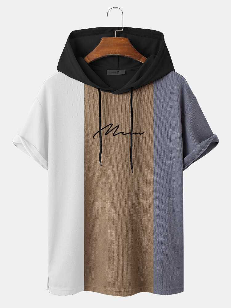 Mens Knit Script Color Block Patchwork Casual Short Sleeve Hooded T-Shirts