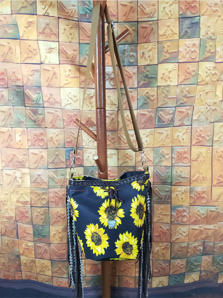 Tassel Decor Faux Fur Sun Flower Exquisite Print Pattern Lattice Bucket Bag Shoulder Bag