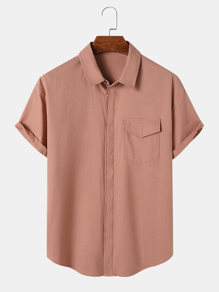 Mens Solid Concealed Placket Flap Pocket Cotton Short Sleeve Shirts
