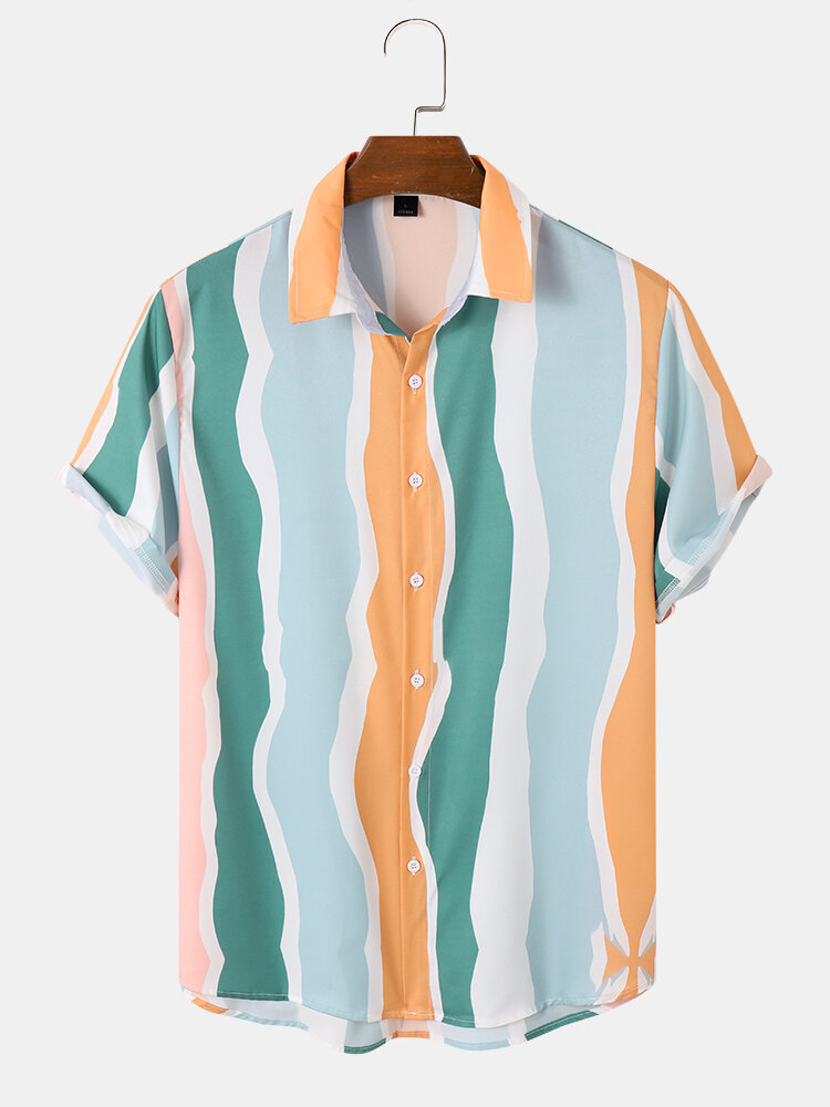 Mens Colorful Stripe Lapel Holiday Short Sleeve Shirts