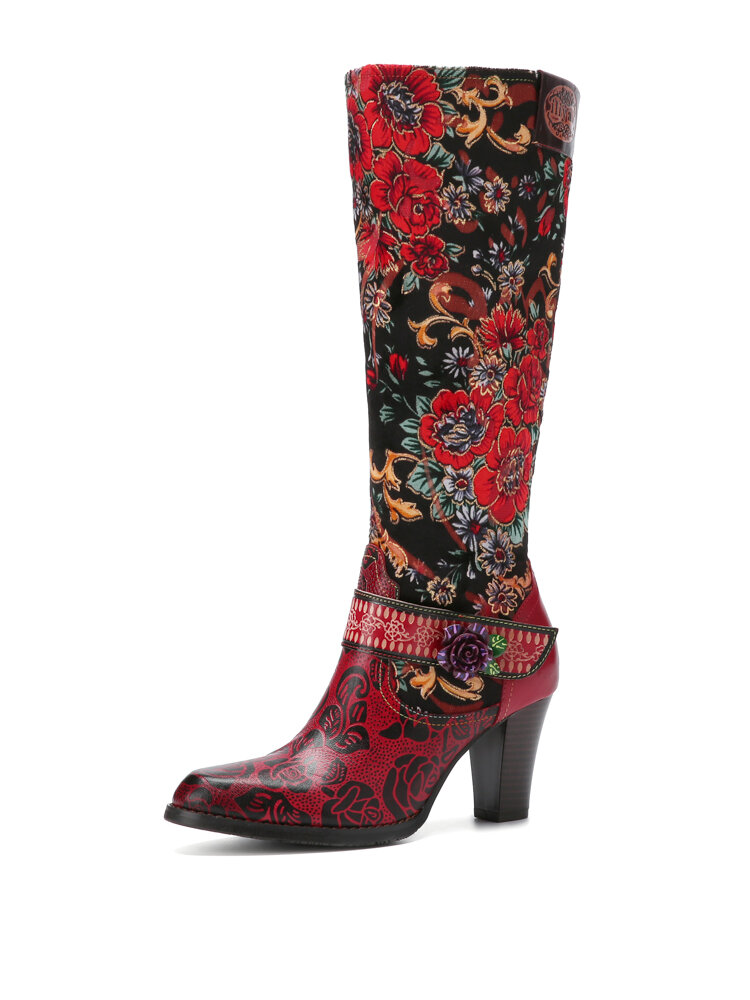 Socofy Winter Floral Embossed Embroidery Leather Pointed Toe Side-zip Comfortable Elegant High Heel Boots