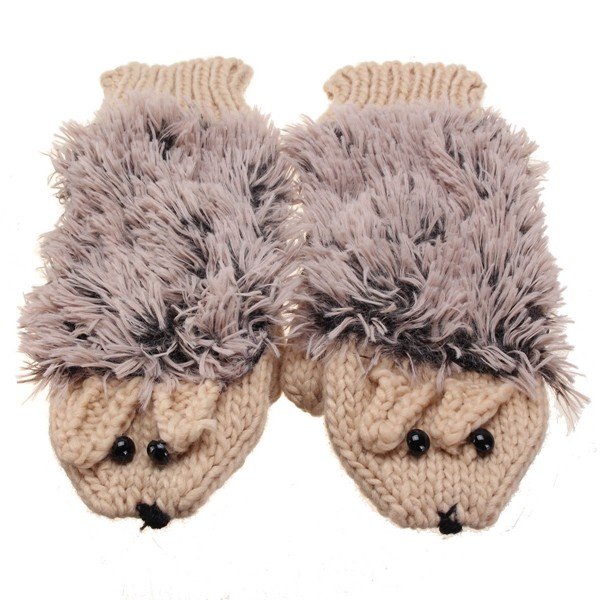 Winter Thermal Cartoon Hedgehog Mittens 2 Layers Inner Fleece Artificial Fur Gloves