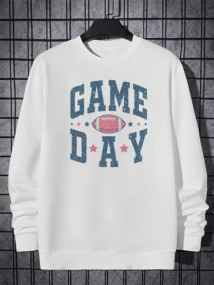Mens Rugby Letter Print Crew Neck Casual Pullover Sweatshirts