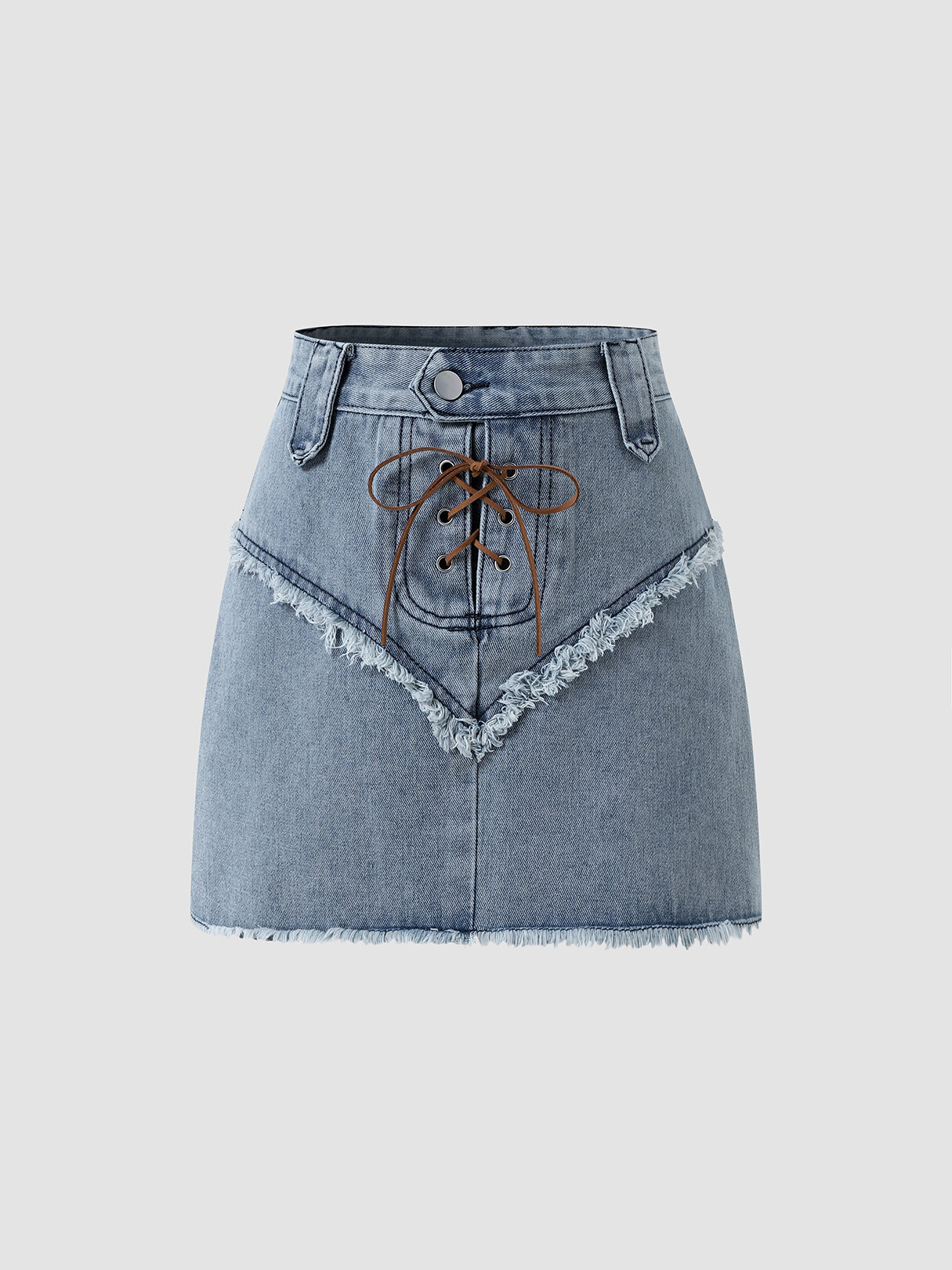Solid Frayed Lace Up Denim Skirt For Women