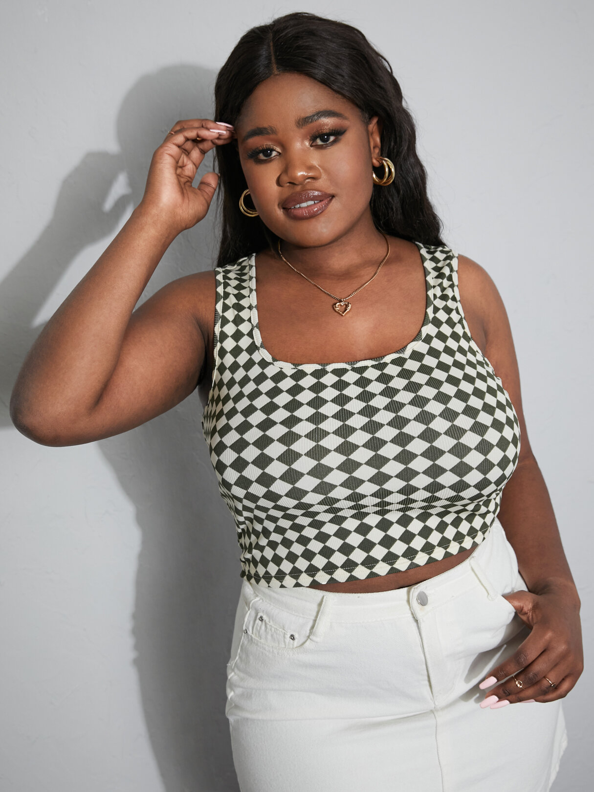 Plus Size Green Plaid Ribbed Knit Tank Top