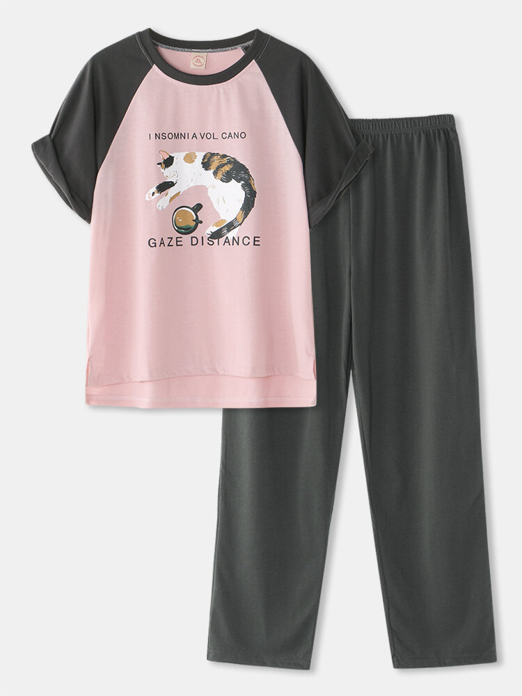 Women Cat Slogan Print Raglan Sleeve Cropped Pants Cute Cotton Pajamas Sets