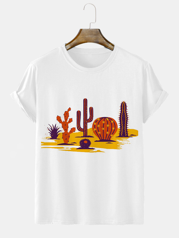 T-shirts à manches courtes et col rond imprimé cactus pour hommes
