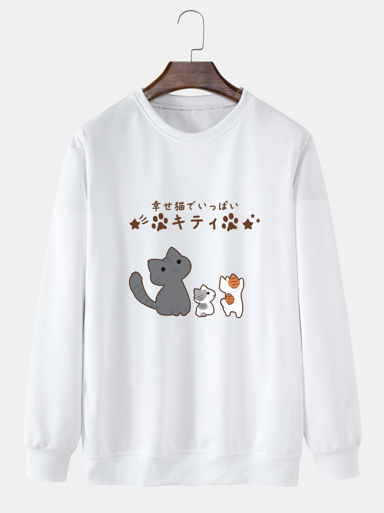 Mens Cute Japanese Cat Print Crew Neck Pullover Sweatshirts