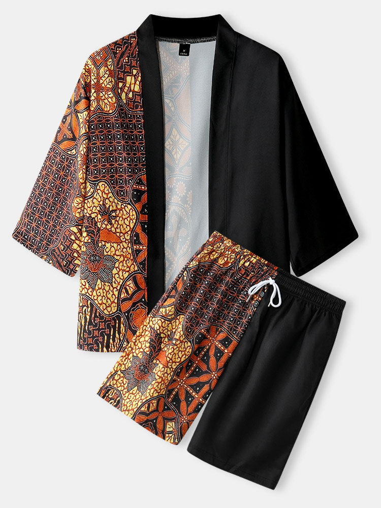 Mens Ethnic Floral Pattern Open Front Contrast Kimono Two Pieces Outfits
