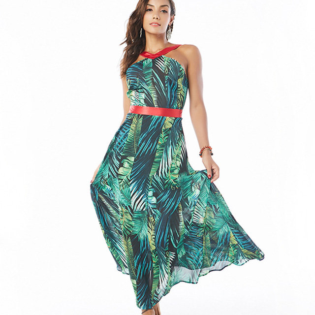 European And American Printed Long Skirt Strap Temperament Fashion Printed Beach Bohemian Dress