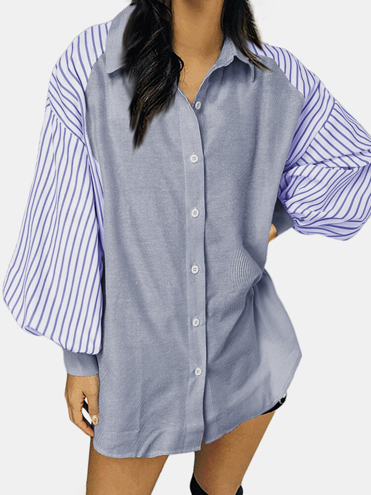 Striped Patchwork Print Long Sleeve Casual Shirt For Women