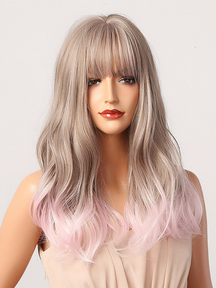 Gray-Pink Mid-length Wavy Curly Hair With Air Bangs Natural Curly Fashion Synthetic Wig For Daily Use And Masquerade