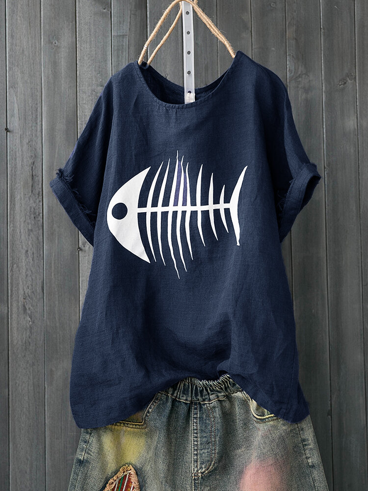 Casual Cartoon Fish Bone Print Short Sleeve O-Neck T-shirt