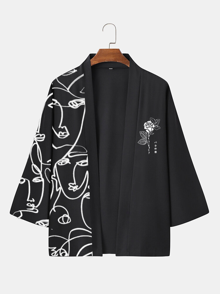 Mens Line Drawing Face Rose Print Open Front Loose Kimono