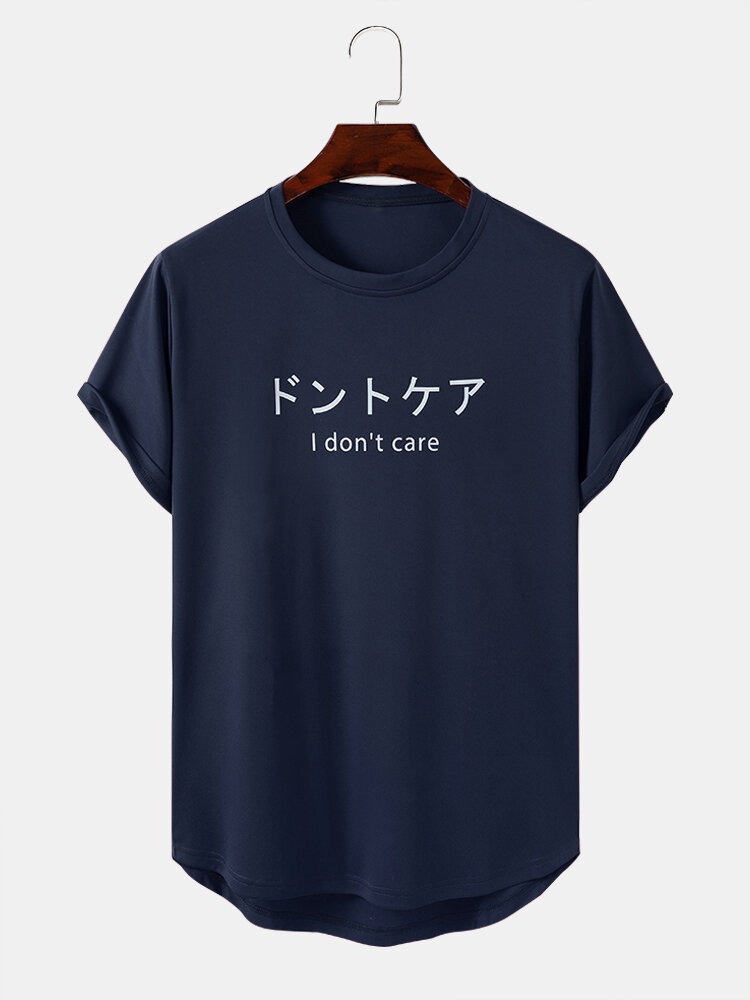 Mens Japanese Slogan Print High Low Curved Hem Short Sleeve T-Shirts