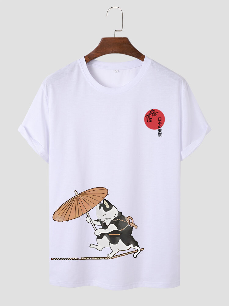 Mens Japanese Style Cat Print Crew Neck Short Sleeve T-Shirts