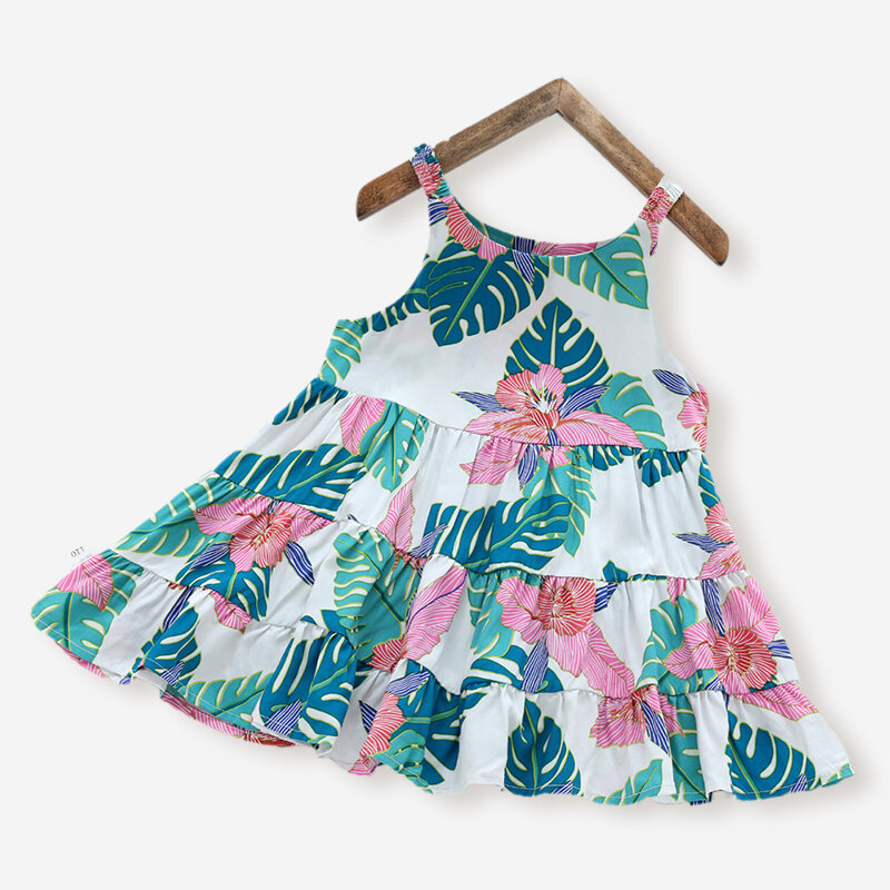 Girl's Flower Leaf Print Sleeveless Ruffled Casual Slip Dress For 3-10Y