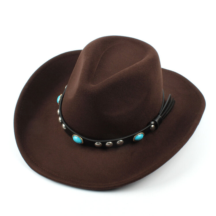 

Mens Women Woolen Western Cowboy Hat Vintage Wide Brim Cowgirl Jazz Cap Horse Riding Hat, Coffee;black
