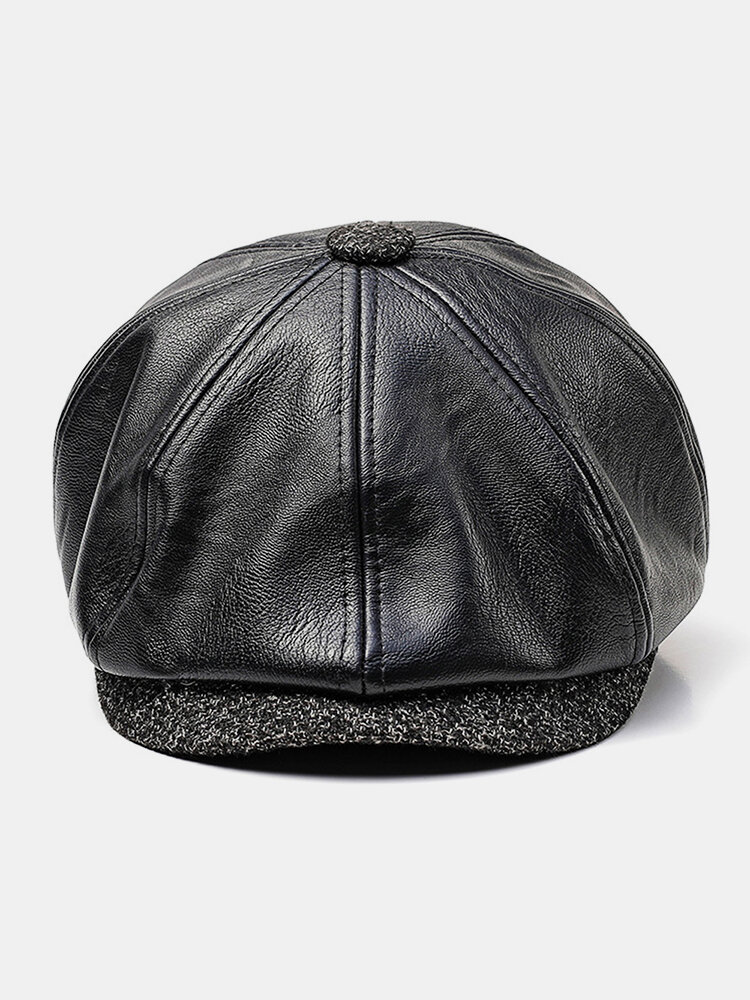 Men Faux Leather Retro Casual Solid Color Forward Hat Octagonal Hat Flat Cap