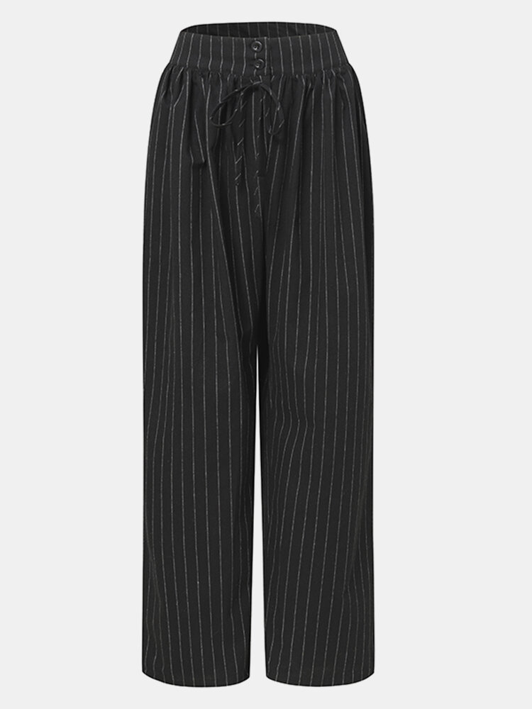 Striped Print Drawstring Pocket Loose Long Casual Pants for Women