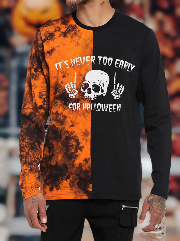 

Mens Skull Slogan Print Patchwork Halloween Long Sleeve T-Shirts, Orange