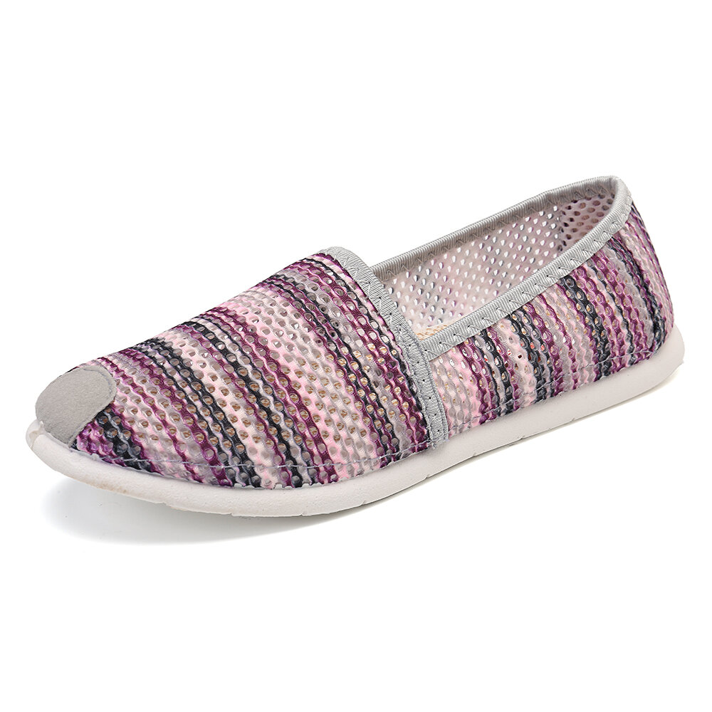 Mesh Stripe Breathable Slip On Soft Sole Casual Flat Shoes