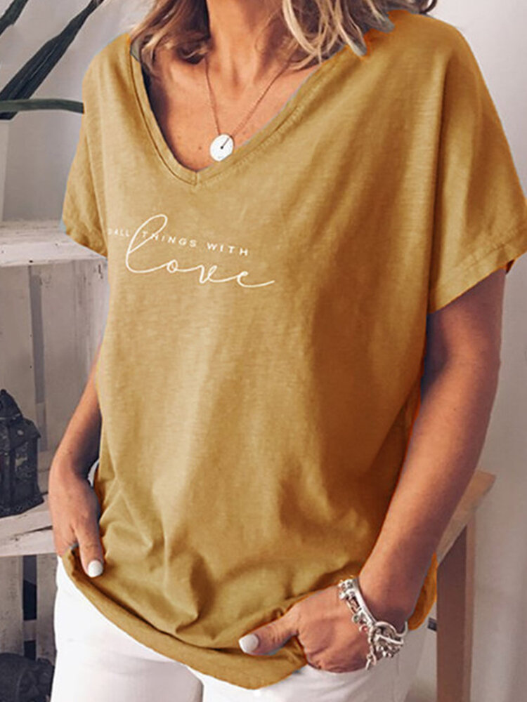 Letter Print V-neck Short Sleeve Loose Casual T-shirt For Women