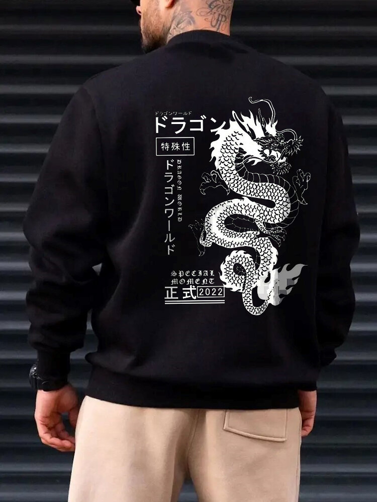 ChArmkpR Mens Japanese Dragon Back Print Print Crew Neck Pullover Sweatshirts Winter