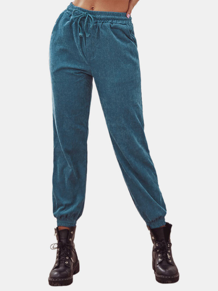 Corduroy Solid Color Knotted Elastic Waist Pocket Pants