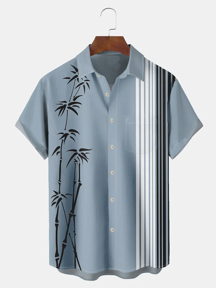 Mens Bamboo Striped Print Lapel Casual Short Sleeve Shirts