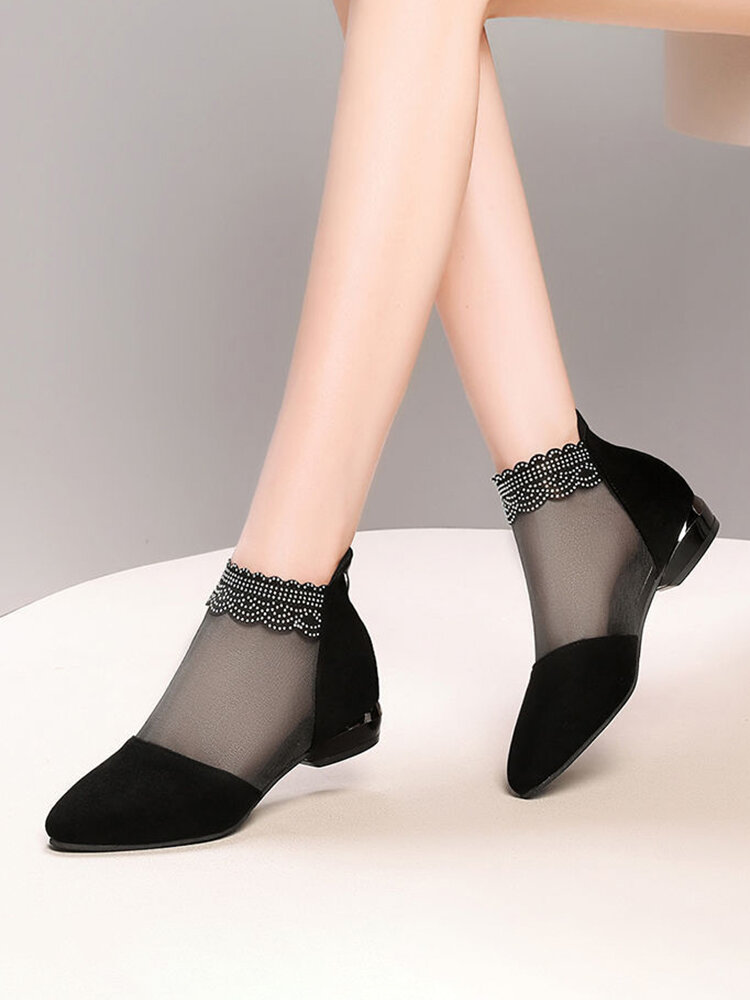 Women Artificial Crystal Embellished Mesh Splicing Synthetic Suede Pointed Toe Block Heel Ankle Boots