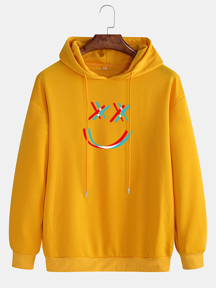 Mens Reflective Bright Smile Face Print Drawstring Overhead Hoodies