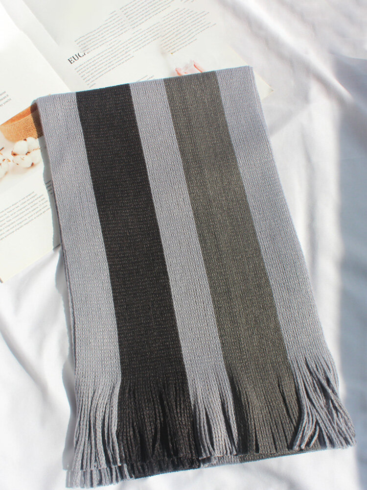 Men Artificial Cashmere Knitted Color-match Wide Striped Jacquard Tassel Warmth Business All-match Scarf