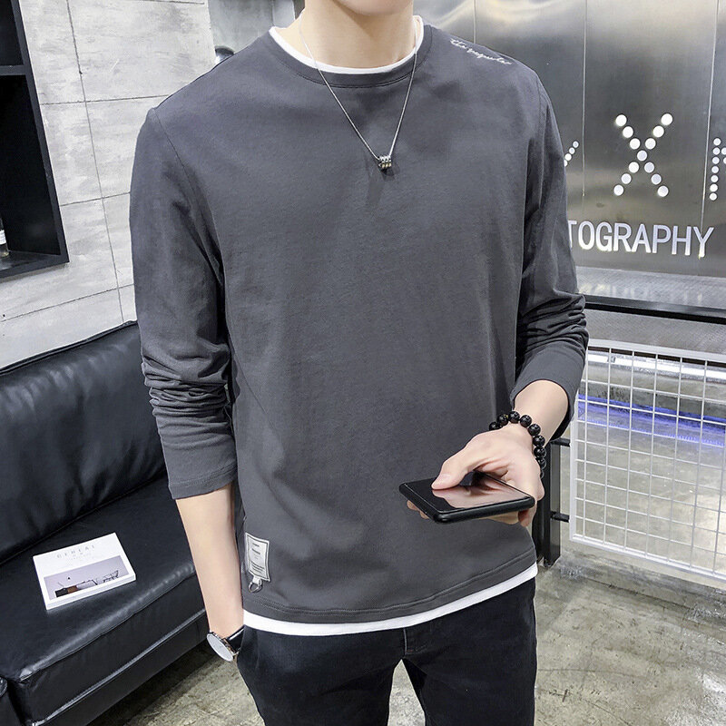 Men's Long-sleeved T-shirt Fake Two Round Neck Casual Cotton Bottoming Shirt