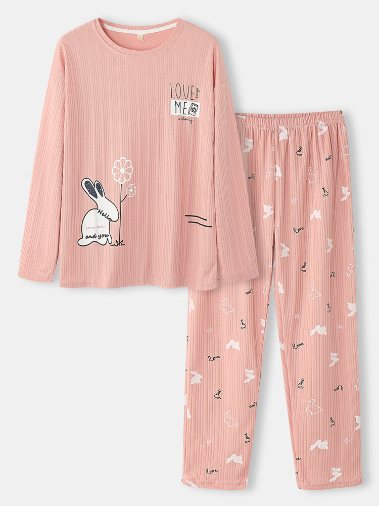 

Women Cartoon Animal Print Cotton Crew Neck Rib Loungewear Pajamas Sets, Yellow;pink;blue;blue 1