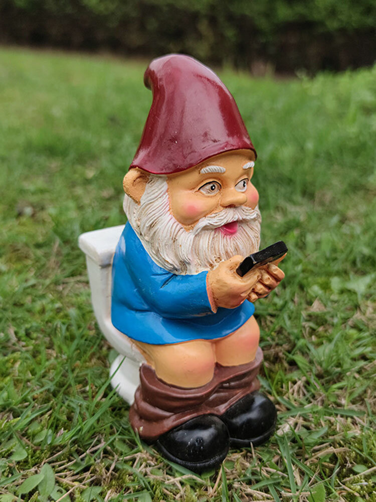 1PC Resin Gnome Dwarf White Beard Statues Squatting Tet Playing Phone Lawn Decorations Indoor Outdoor Christmas Garden O