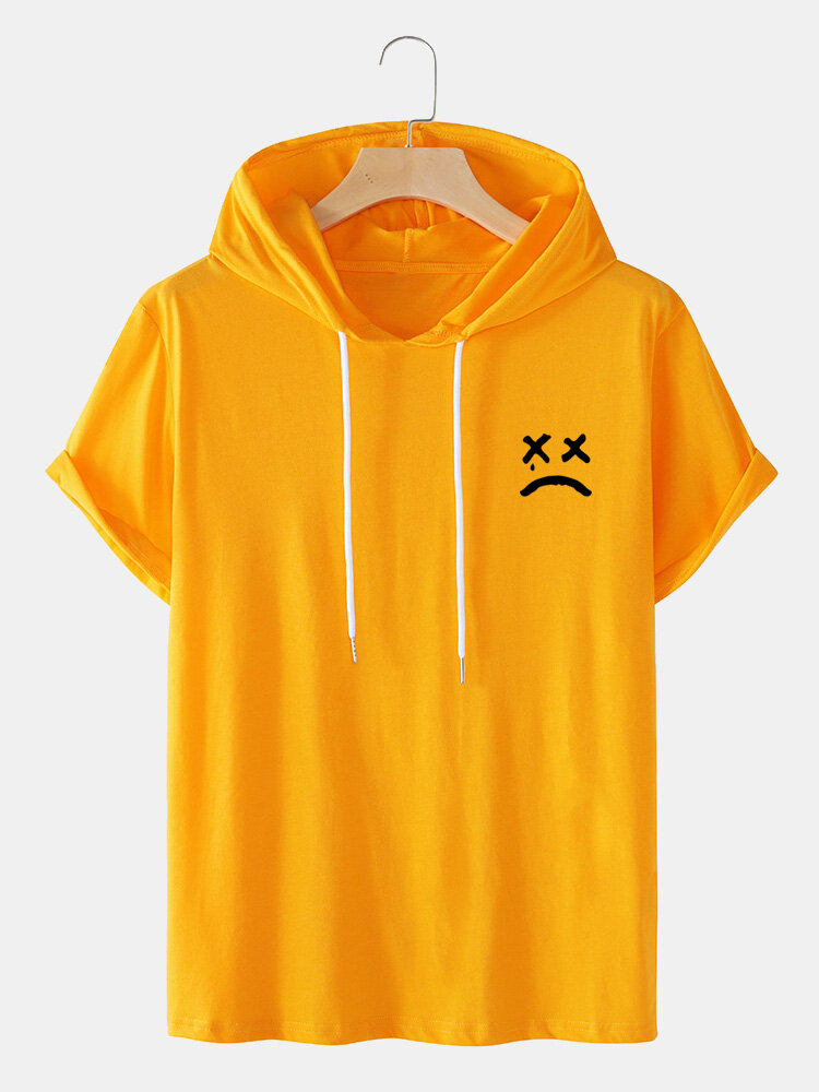 Mens Crying Face Print Casual Short Sleeve Drawstring Hooded T-Shirts