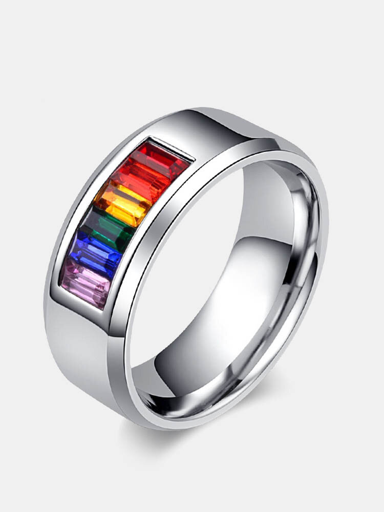 8mm Fashion Stainless Steel Rainbow Ring Cubic Rhinestone Wholesale Ring for Him