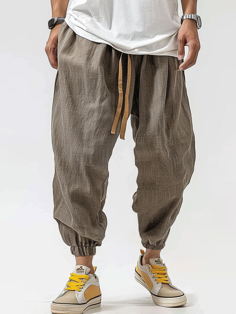 Mens Casual Solid Color Texture Drawstring Pants