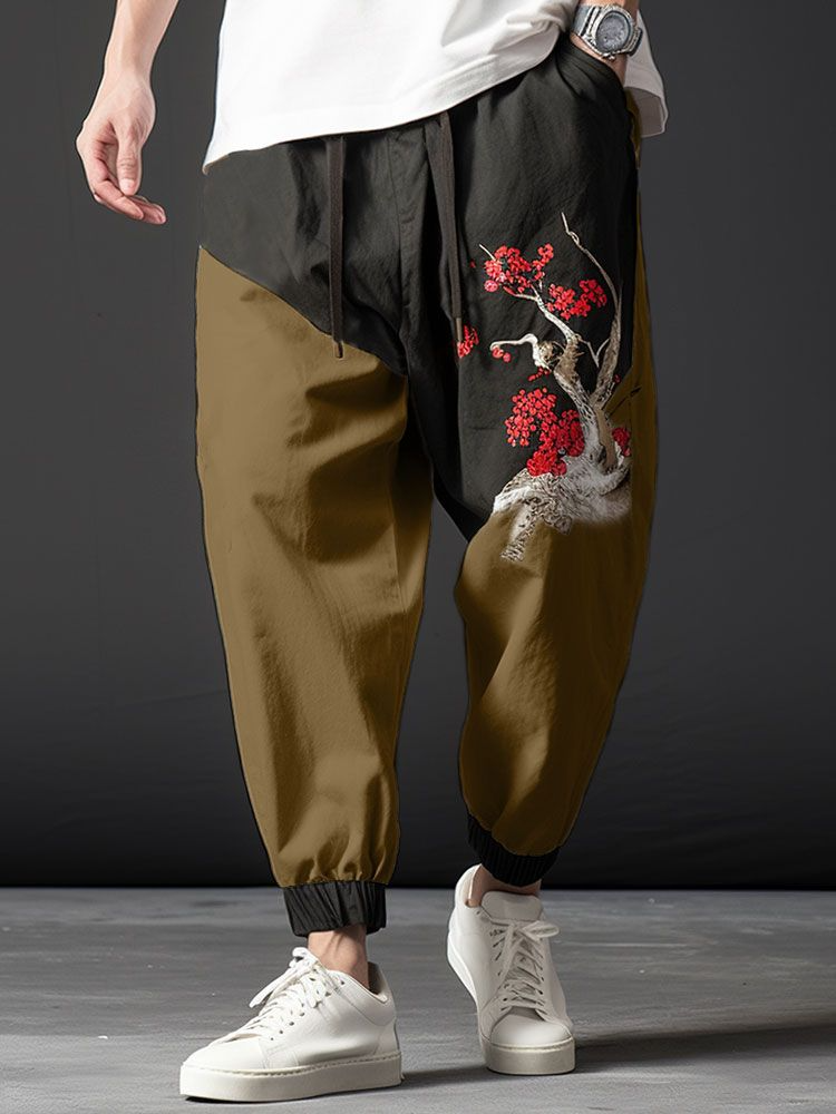 Cintura con cordón y patchwork en contraste con estampado de ciruela china para hombre Pantalones