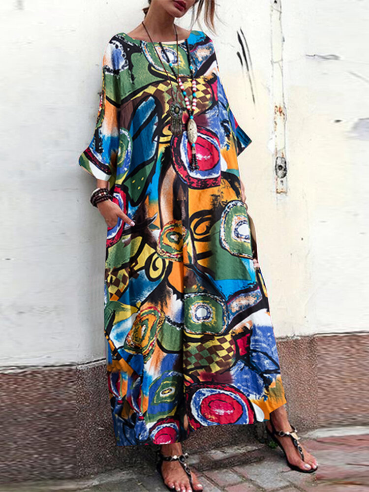 Bohmian Print Bat Sleeve Baggy Plus Размер Макси Платье с карманами