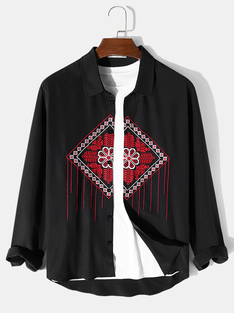 Mens Ethnic Pattern Embroidered Button Up Long Sleeve Shirts