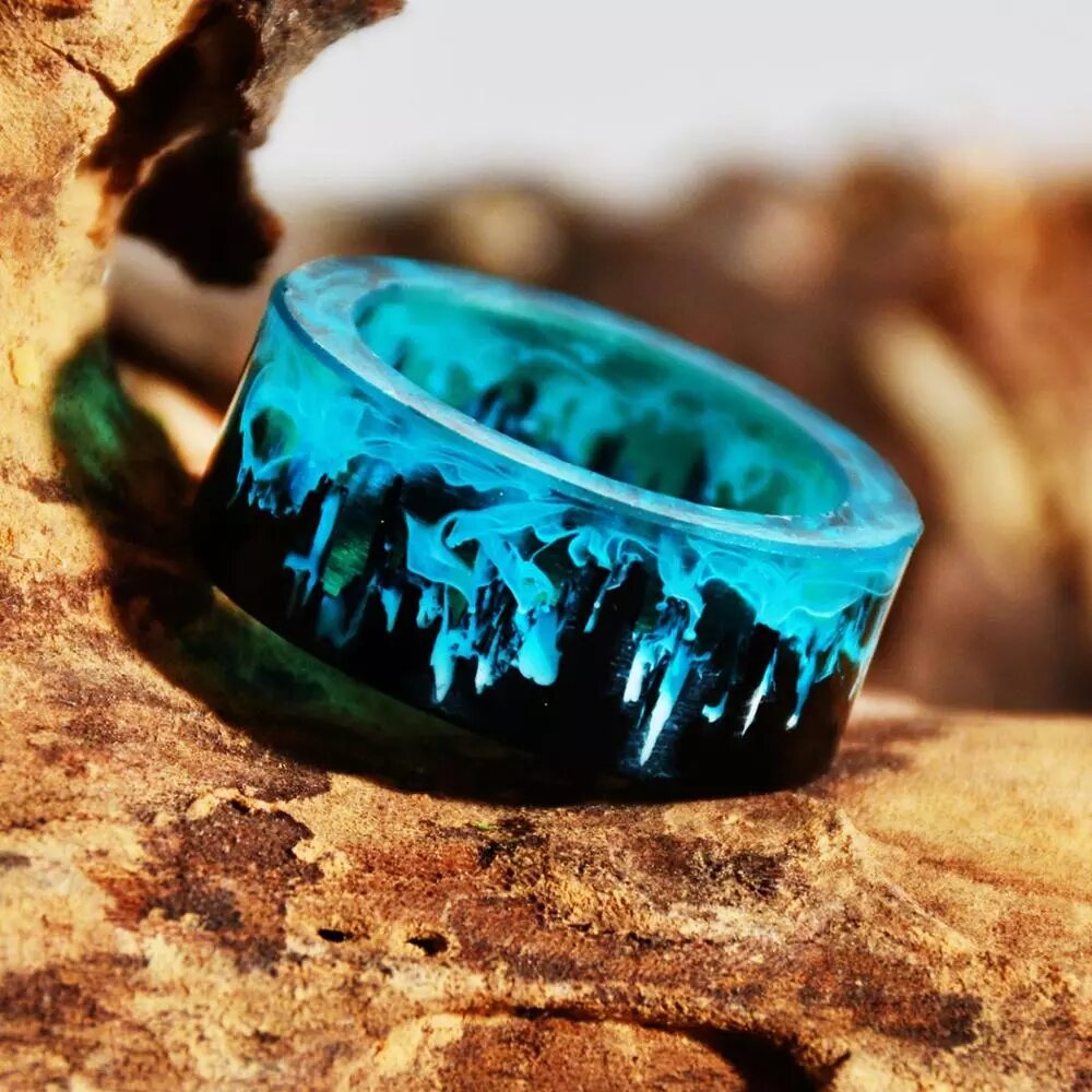 

Time Gem Epoxy Ring Handmade Mountains Wooden Inside Magical World Landscape Men Women Ring, Blue